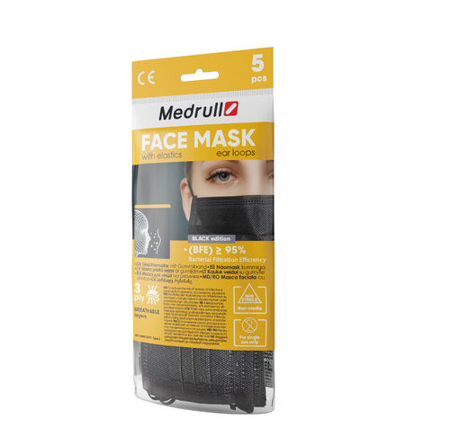 Medrull medical face mask 3 ply 5 pcs BLACK colour